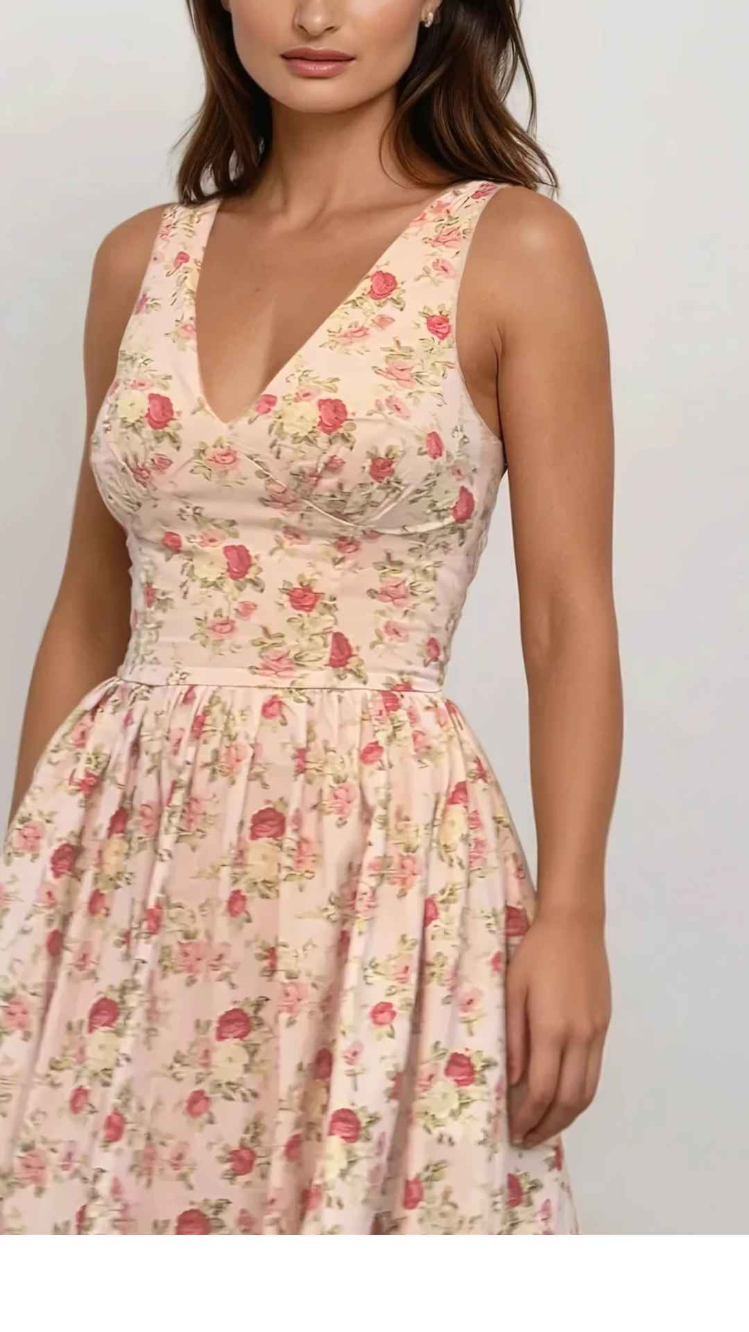 Lysandra vintage floral pink and red V Neck Midi Dress