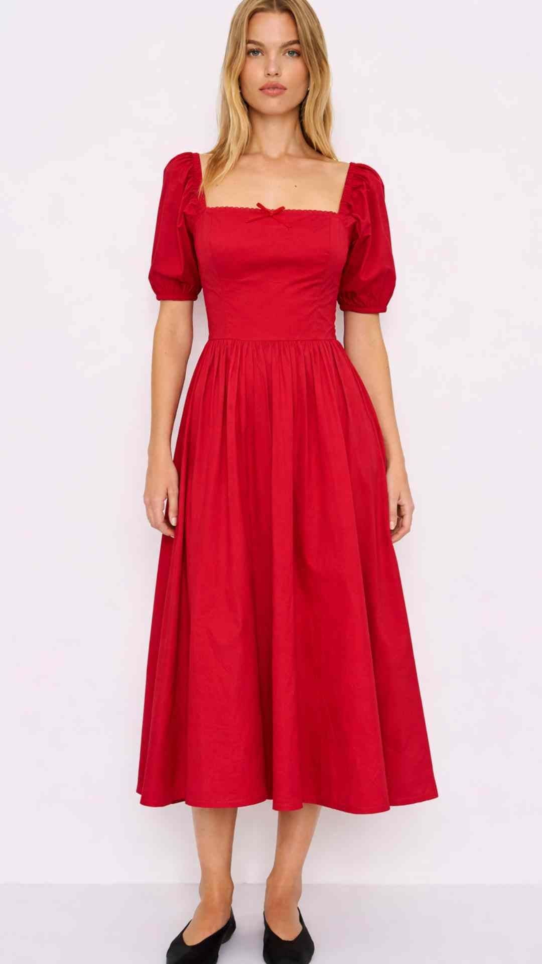 puff sleeve midi dress uk Ines Red Sleeves chic formal dress SFNEEWHO Christmas Moose Dress Size:4-5 Years (110cm)