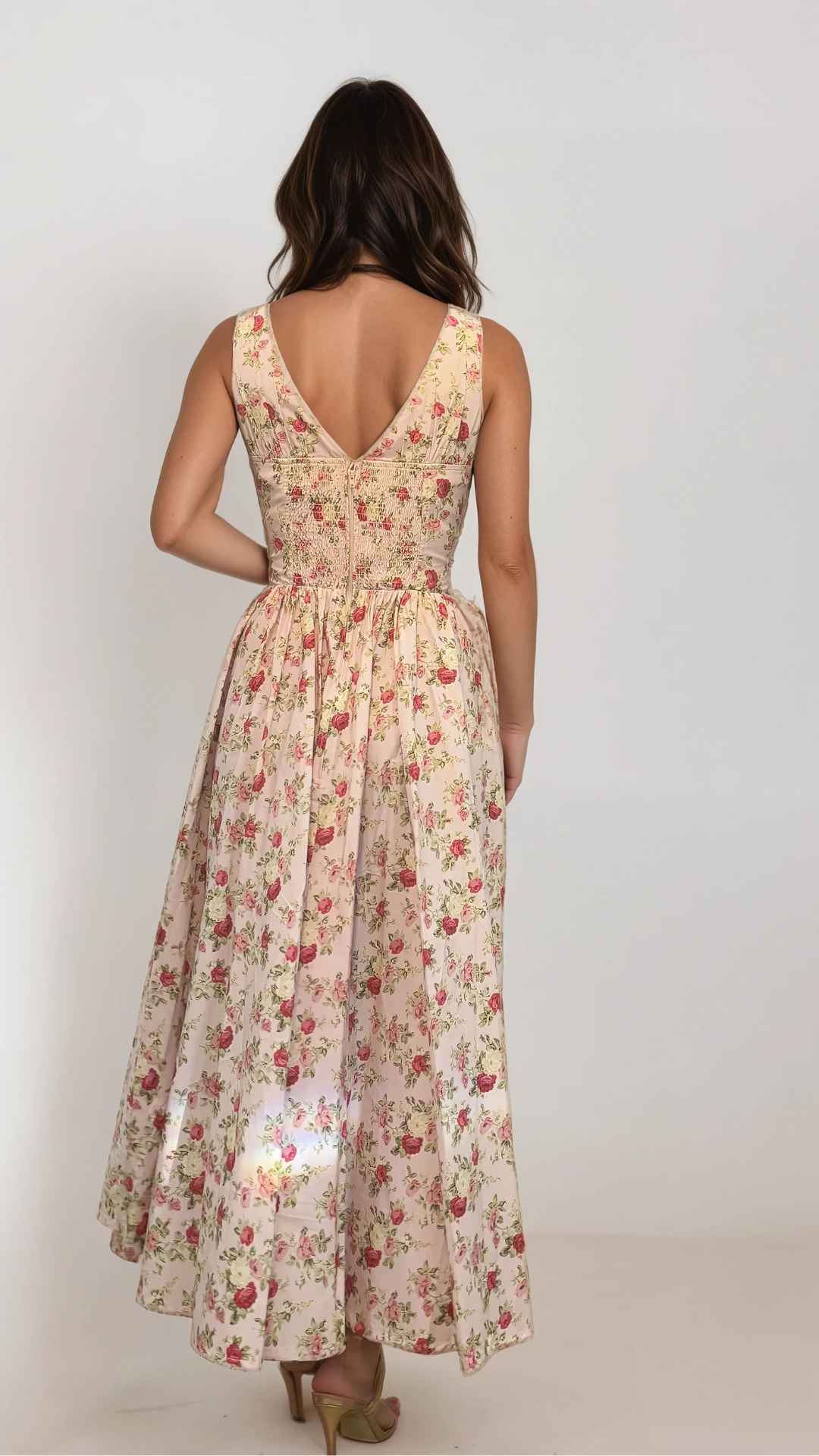 Lysandra vintage floral pink and red V Neck Midi Dress