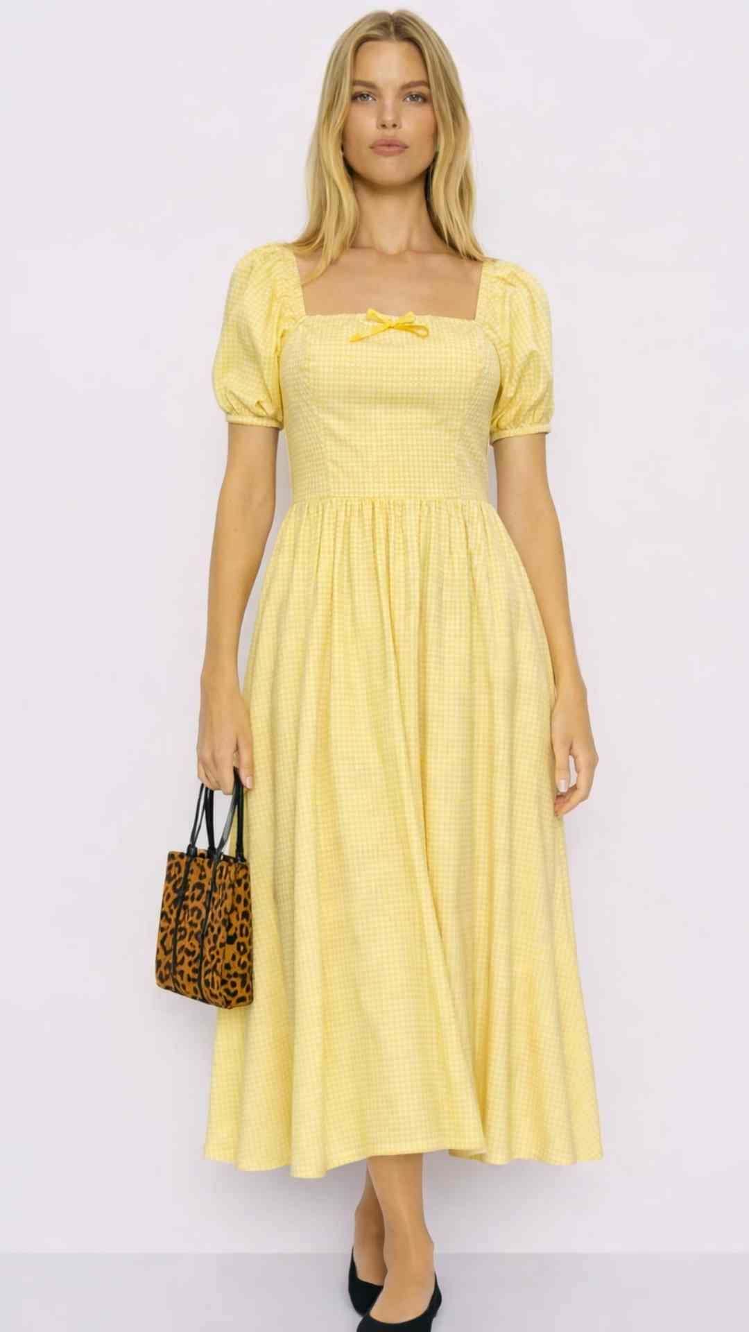 PRE-ORDER Ines Yellow Gingham Puff Sleeves Midi Dres