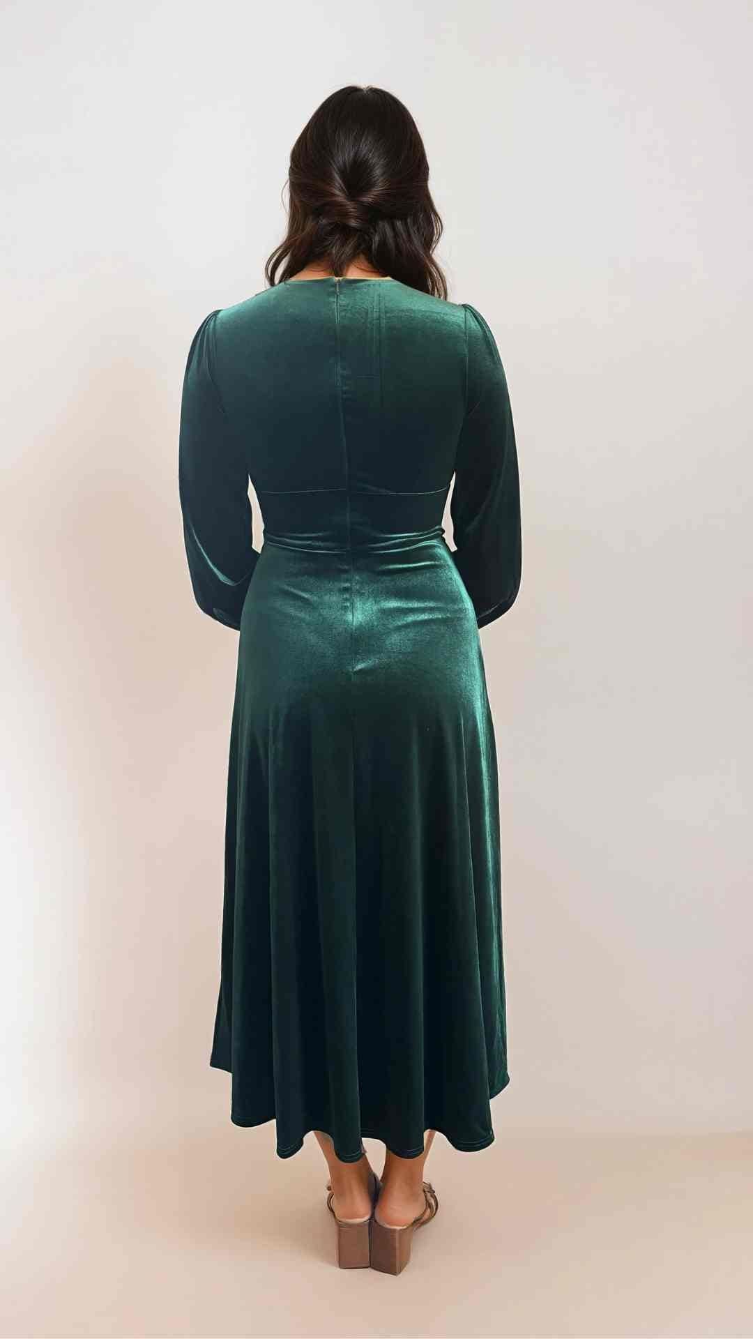 Balia Green Velvet Midi Fit and Flare Swing Dress