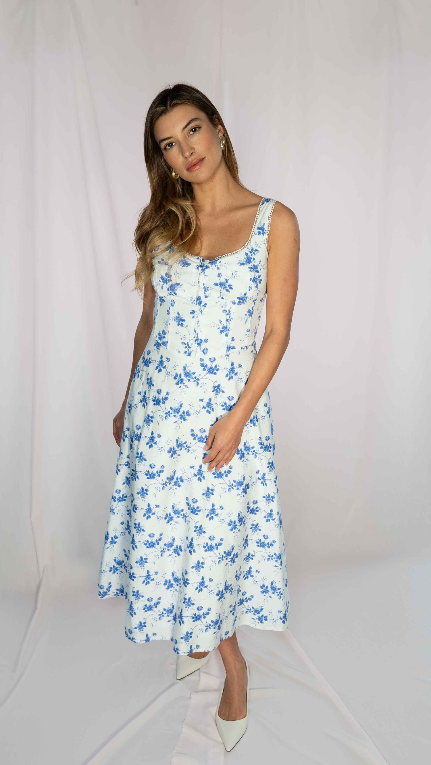 Elode Blue and White Midi Dress