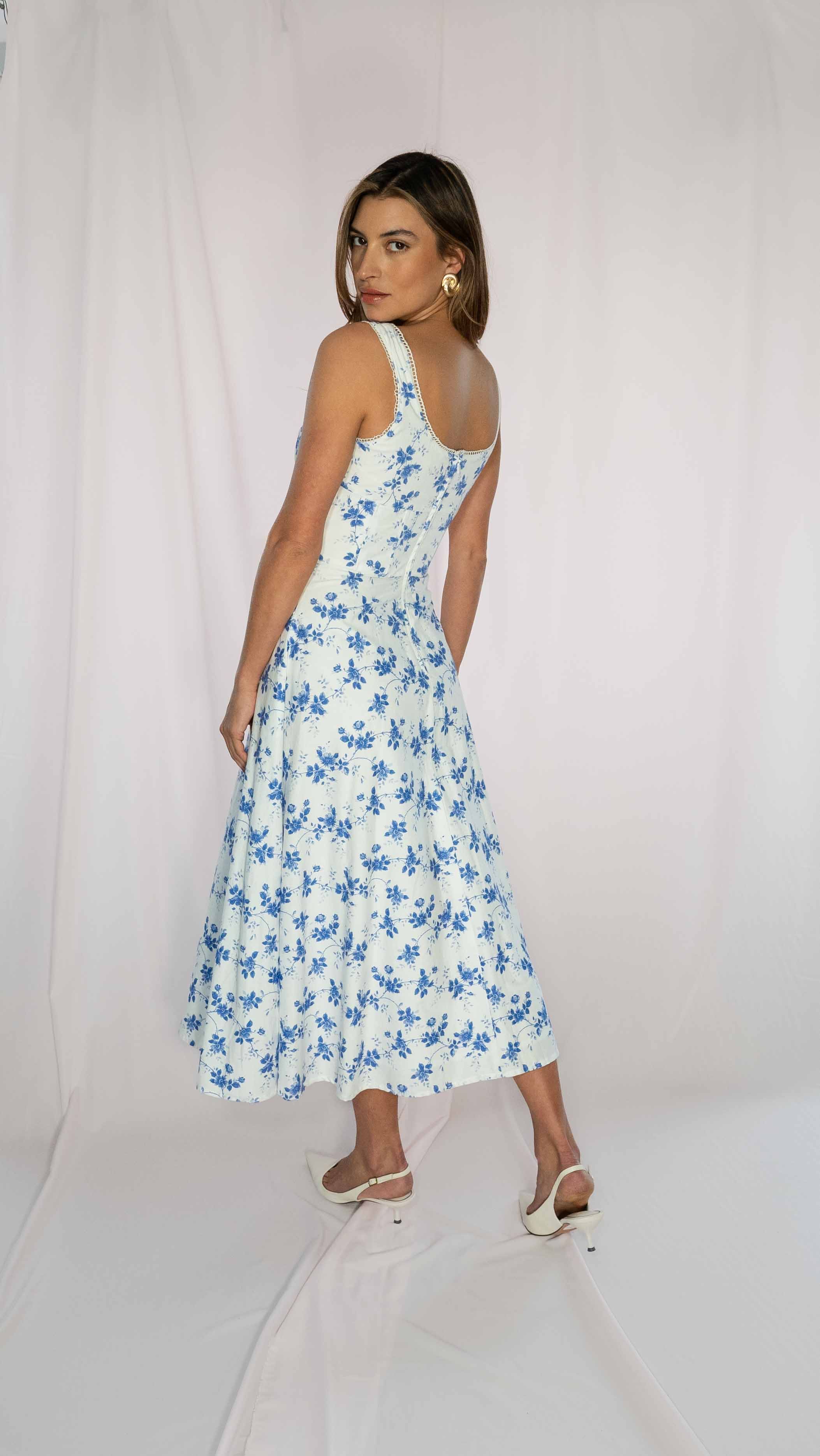 Elode Blue and White Midi Dress