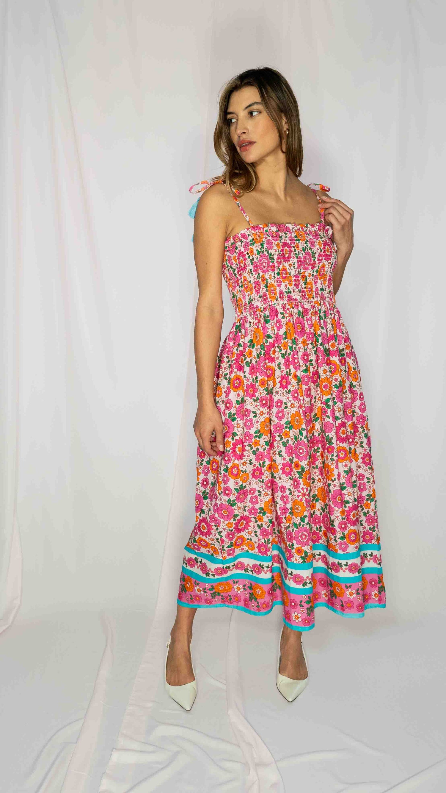 June Floral Midi Dress in Pink