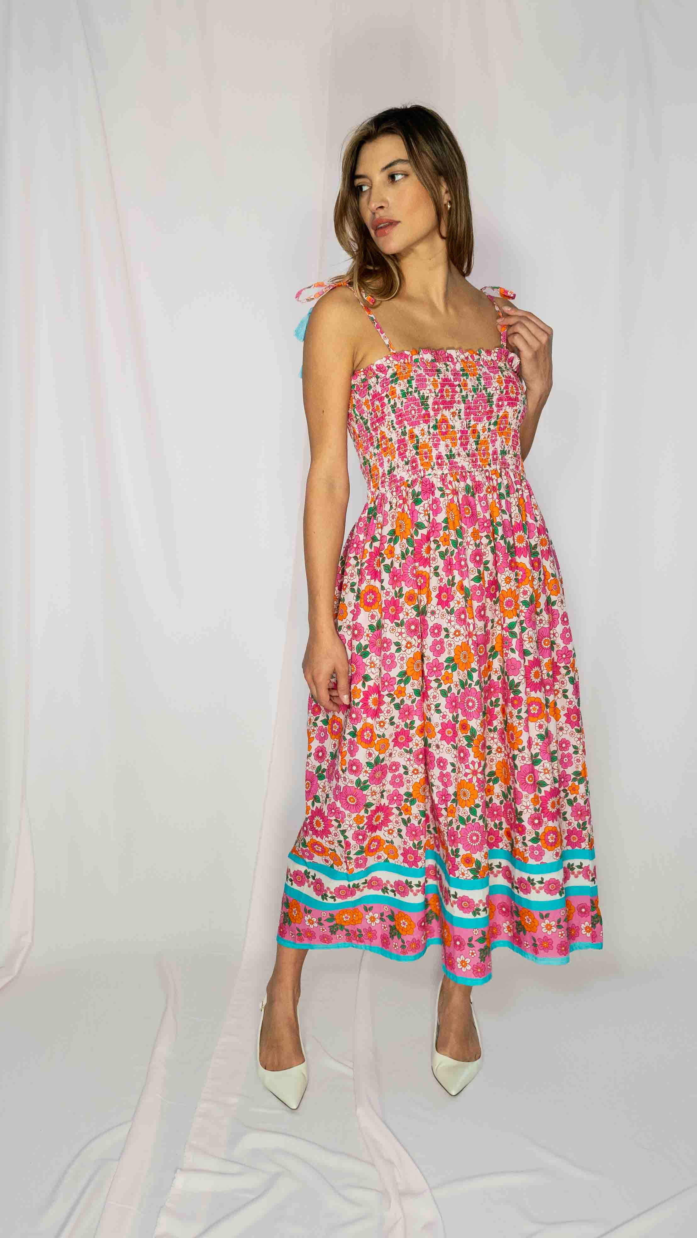 June Floral Midi Dress in Pink