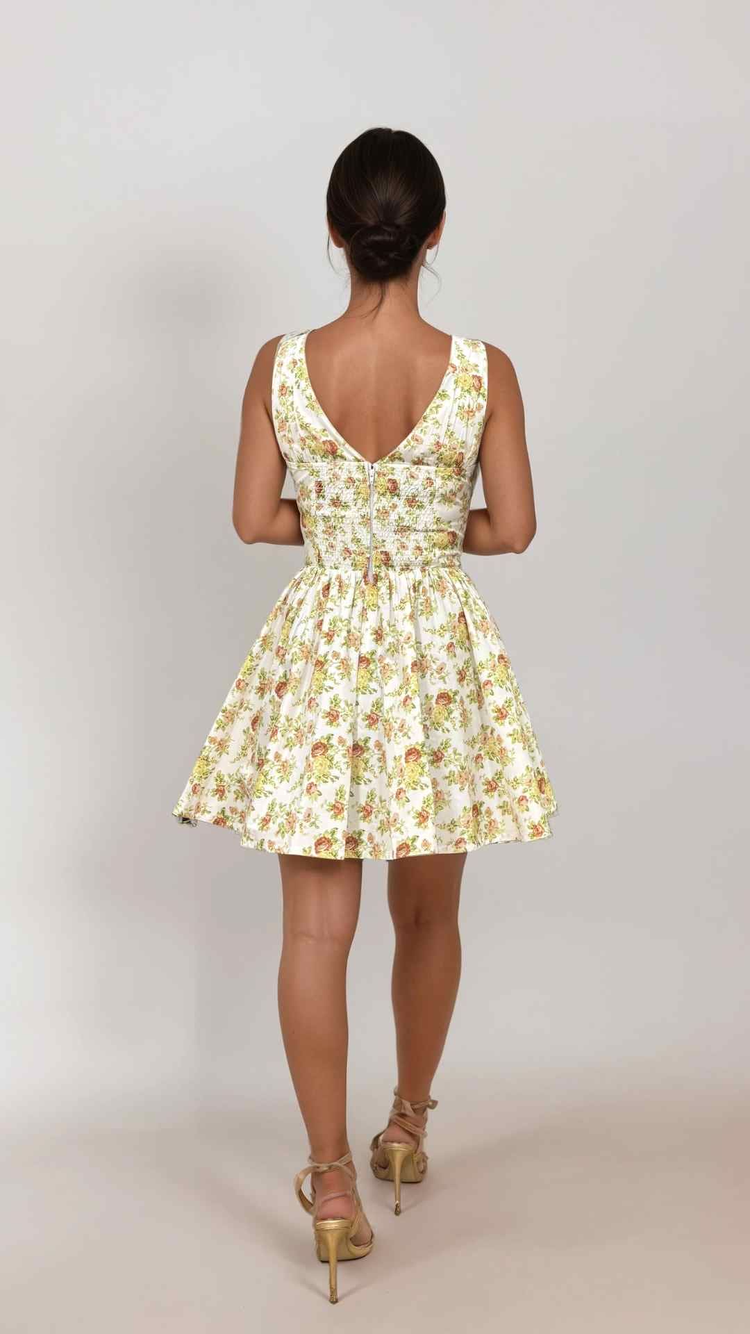 Irisa vintage floral white and yellow print V Neck Mini Dress