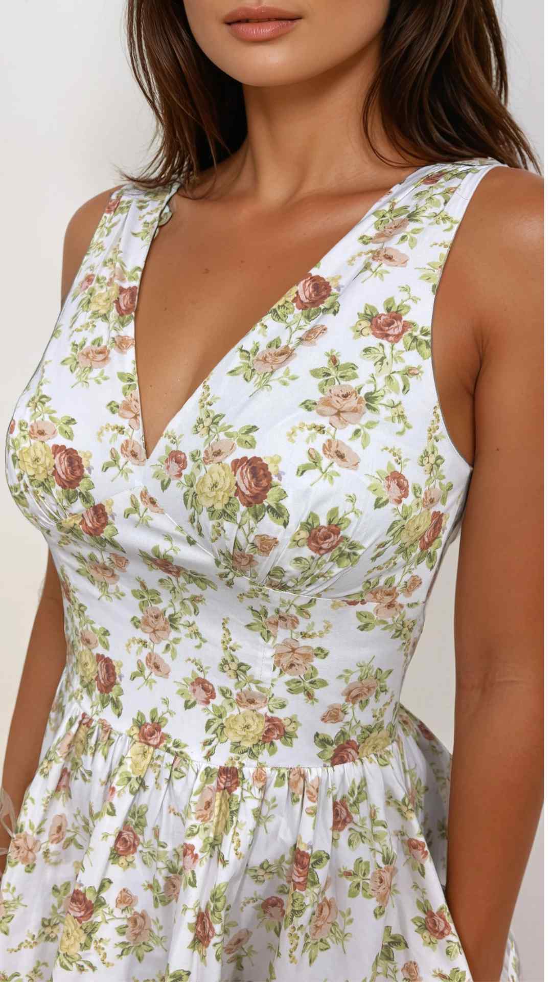 Irisa vintage floral white and yellow print V Neck Mini Dress