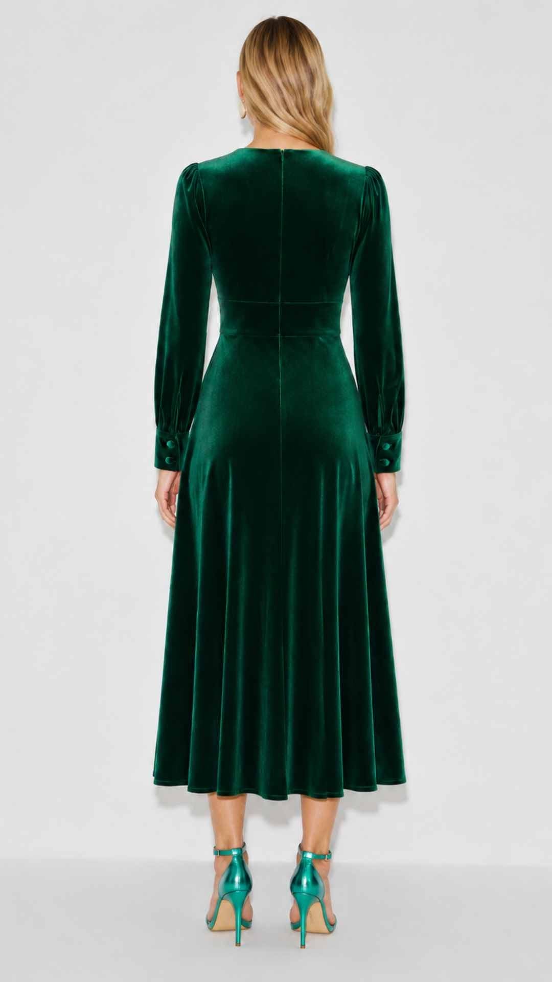 Balia Green Velvet Midi Fit and Flare Swing Dress