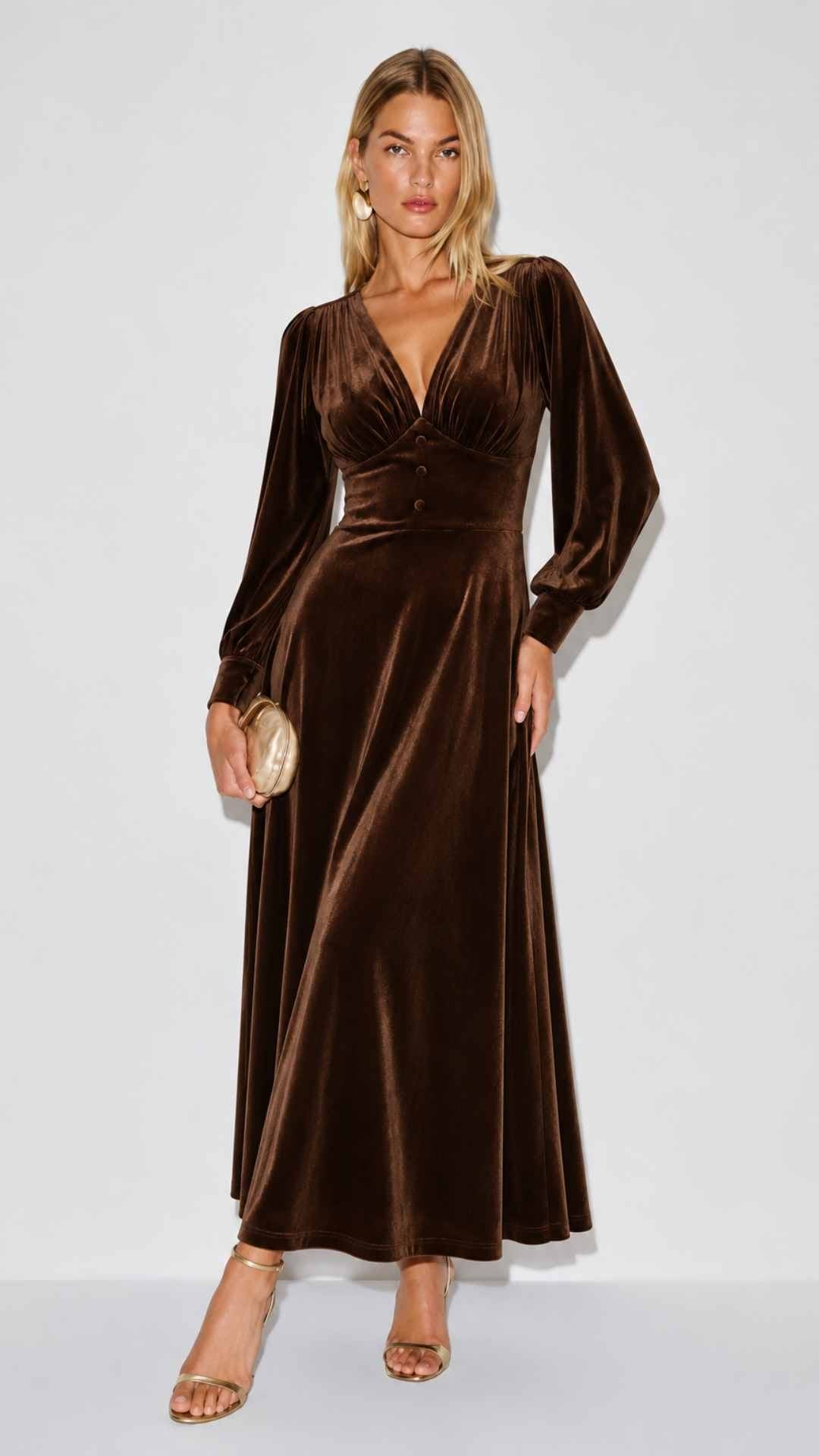 Balia Velvet Brown Midi Dress