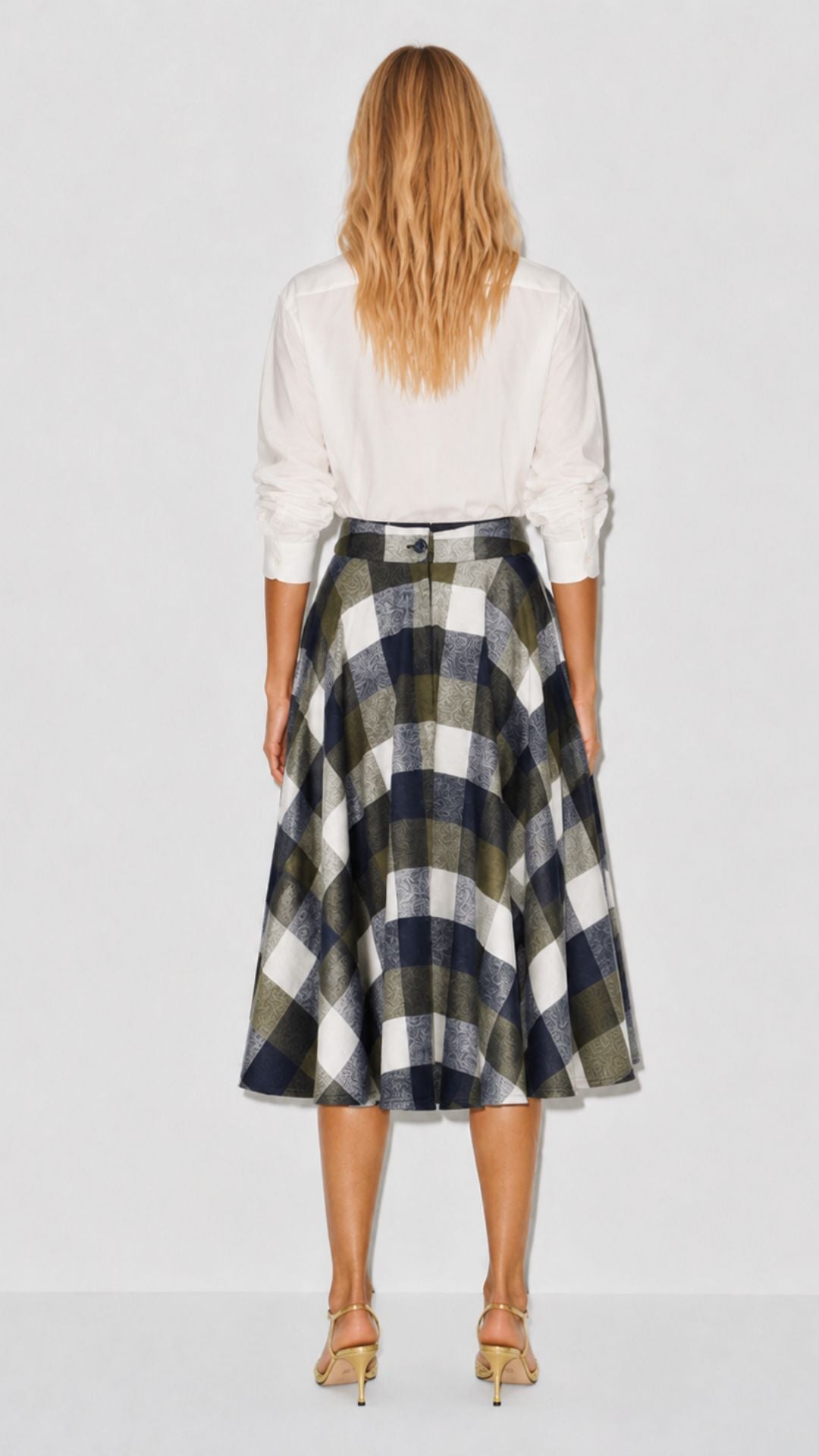 Sophie Navy & Khaki Woollen Check Tartan Midi Swing Skirt