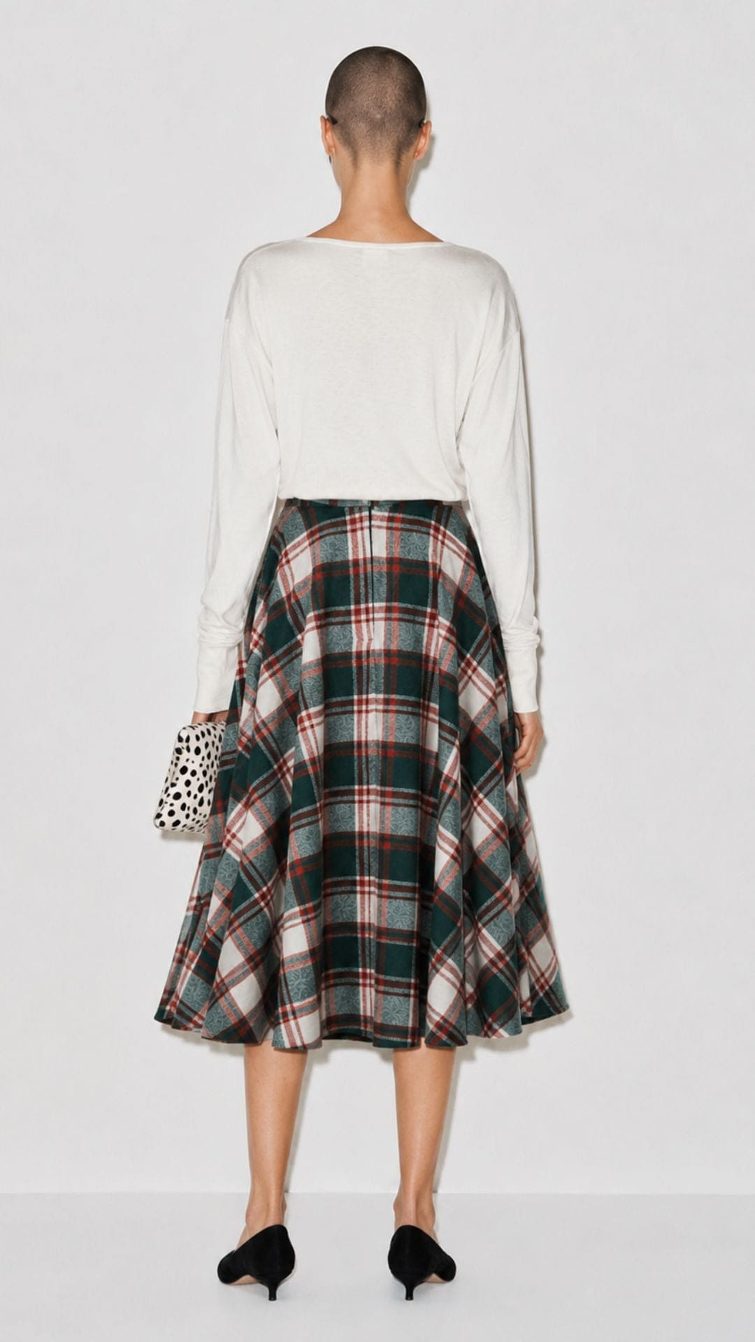 Sophie Green & White Woollen Check Tartan Midi Swing Skirt