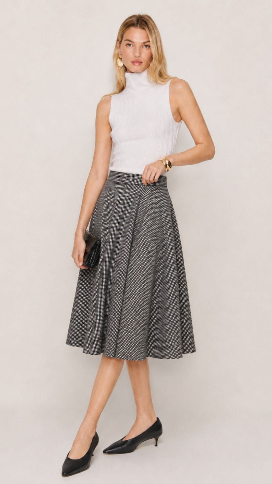 Sophie Houndstooth Woollen Check Tartan Midi Swing Skirt