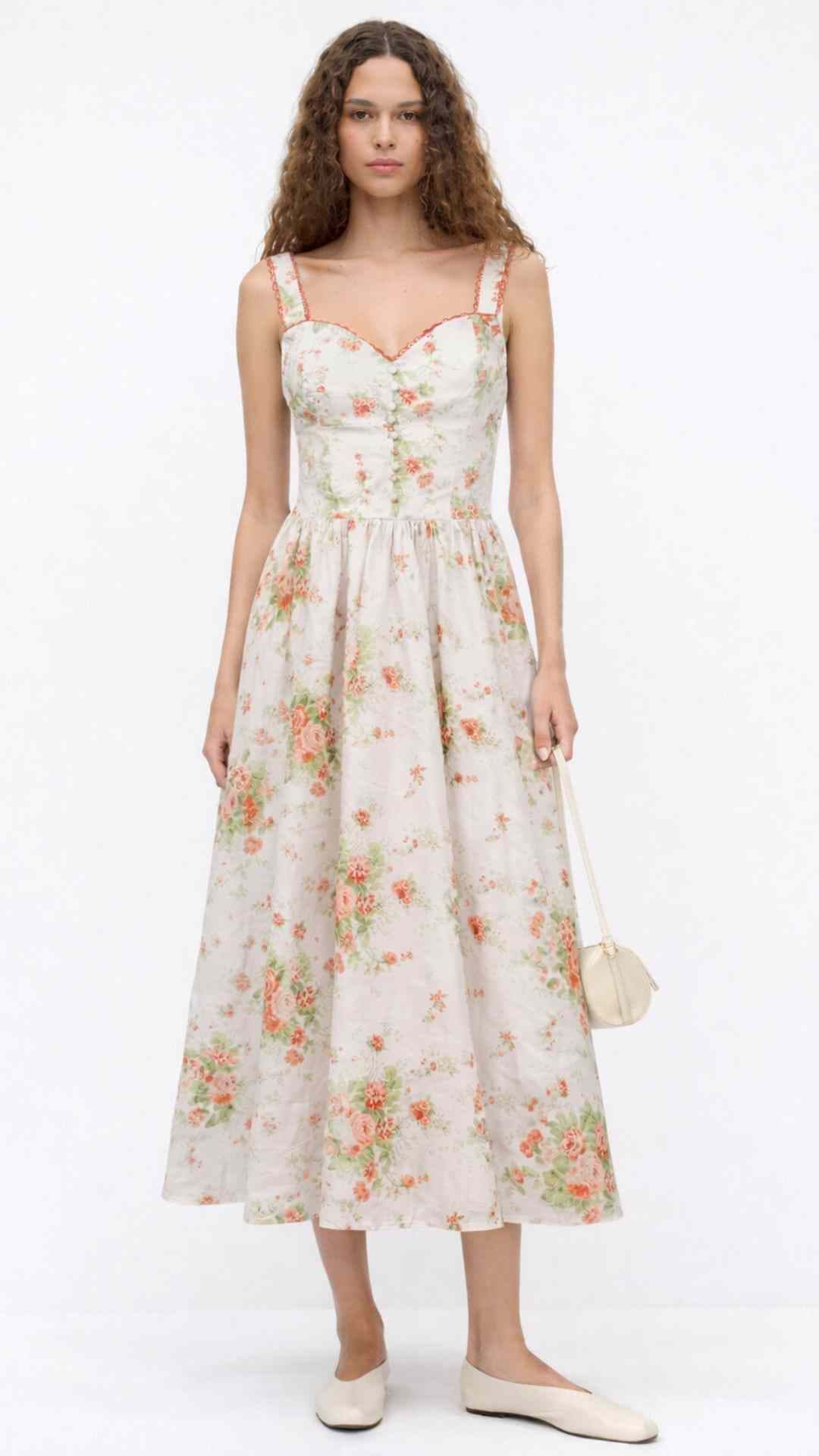 Bryson Pink Printed Sweetheart Neck Corset Midi Swing Dress