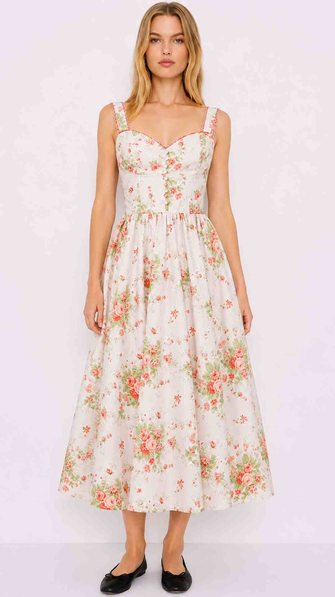 Bryson Pink Printed Sweetheart Neck Corset Midi Swing Dress