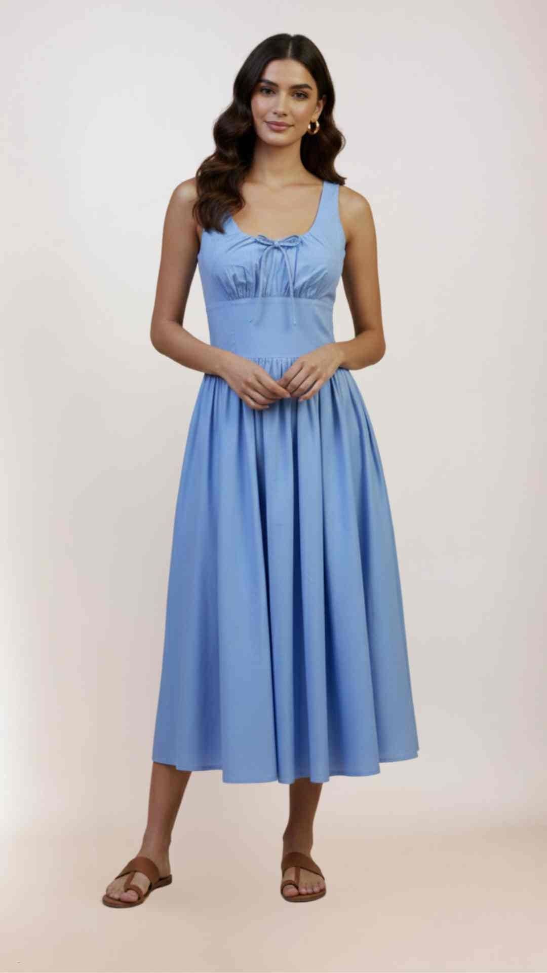 Lolita Square Neck Midi Blue Sleeveless Dress