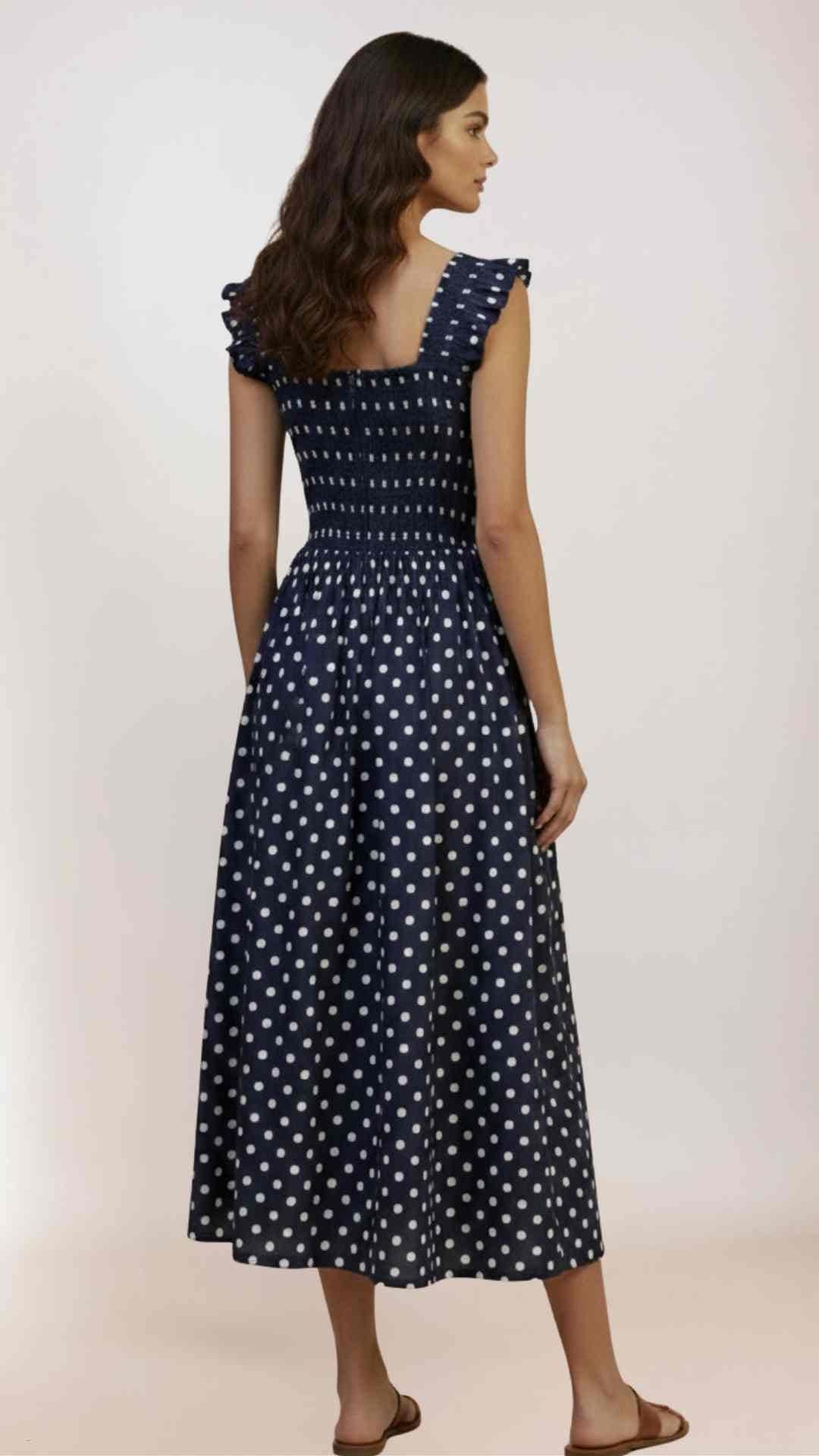 Xemeni Midi Polka Dot Dress with Shirred Bodice