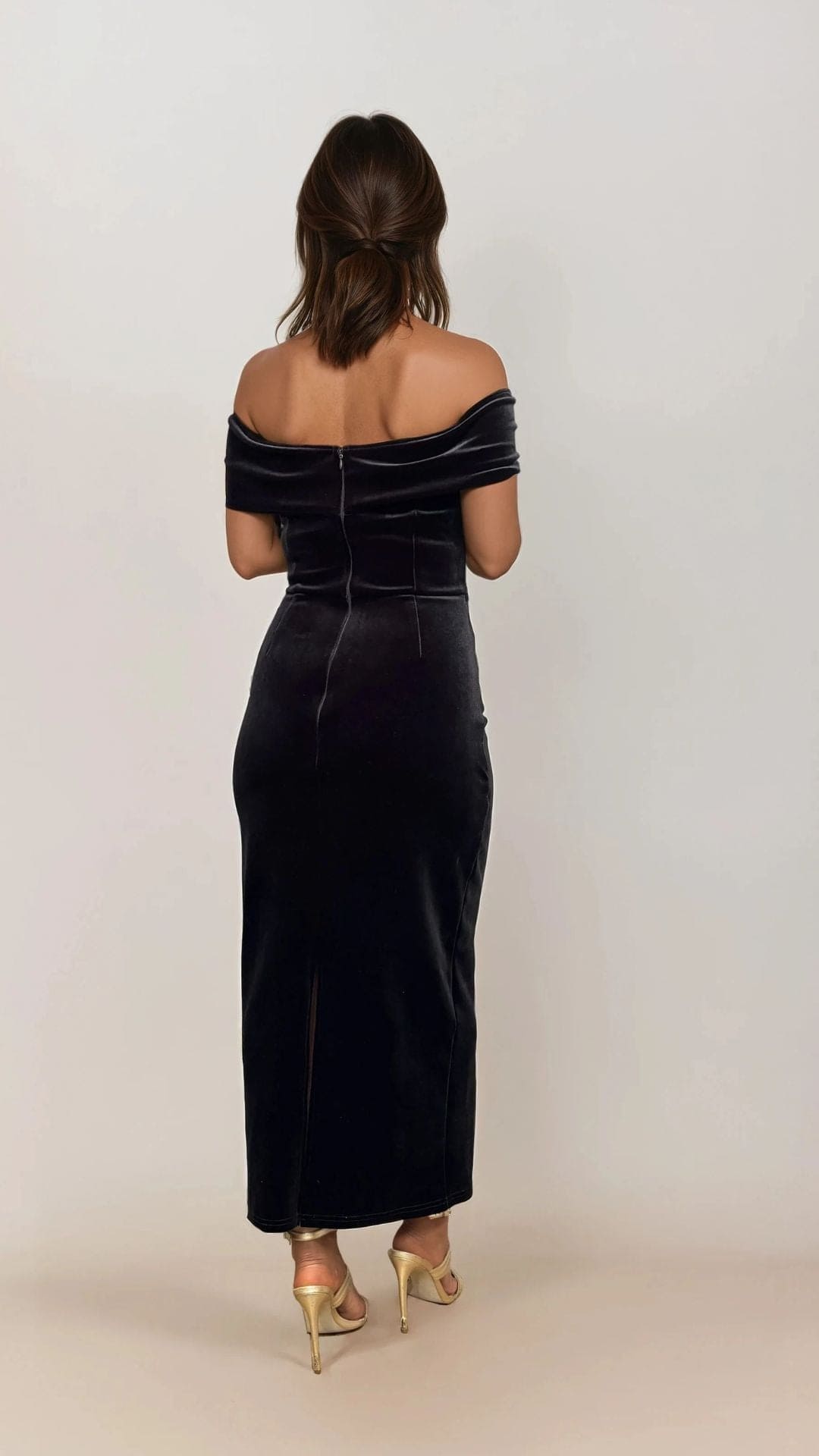Pre Order: Rhia Black Midi Velvet Fitted Midi Dress