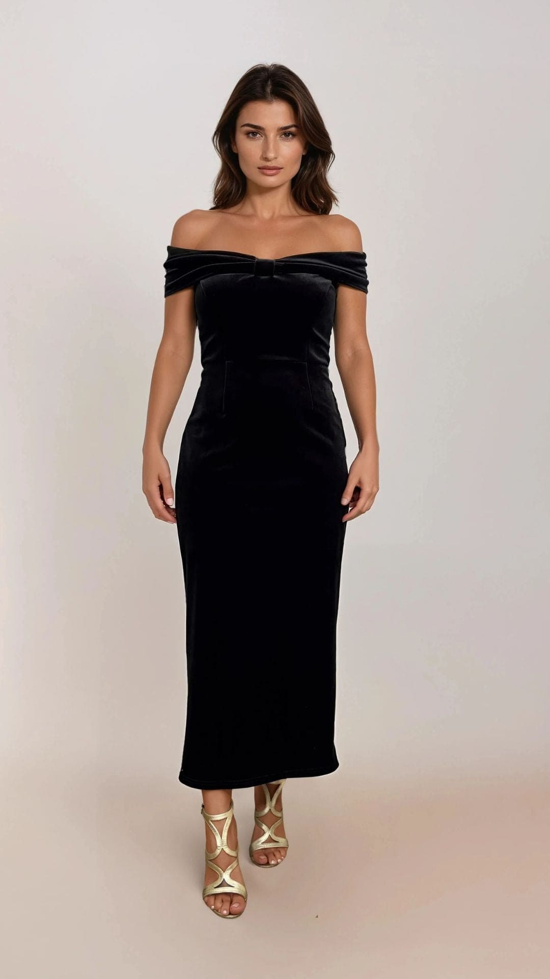 Pre Order: Rhia Black Midi Velvet Fitted Midi Dress