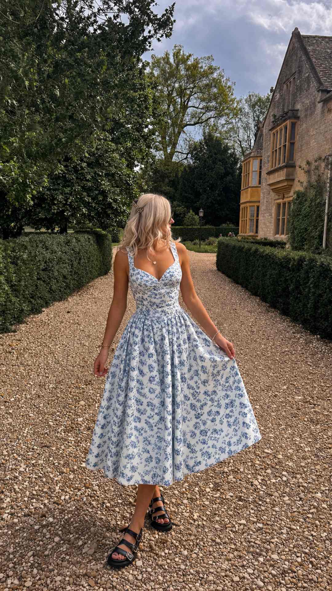 Bryson Midi Blue Print Dress with Button Sweetheart Neckline