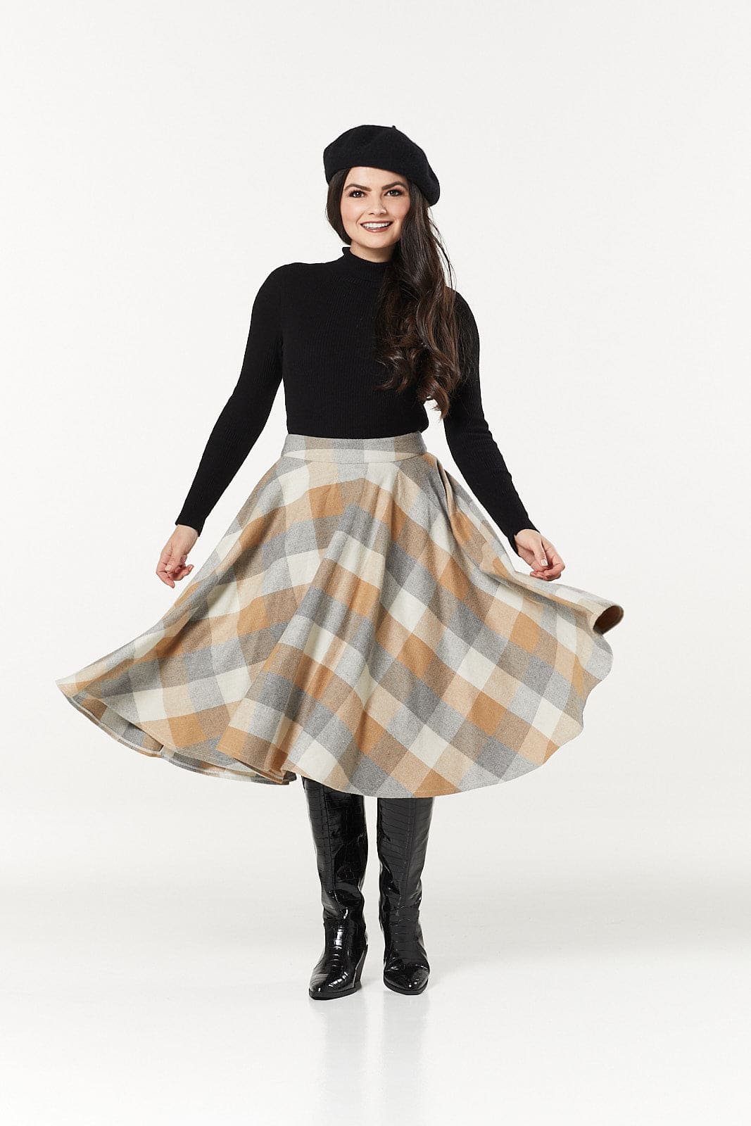 Sophie Beige Woollen Check Tartan Midi Swing Skirt