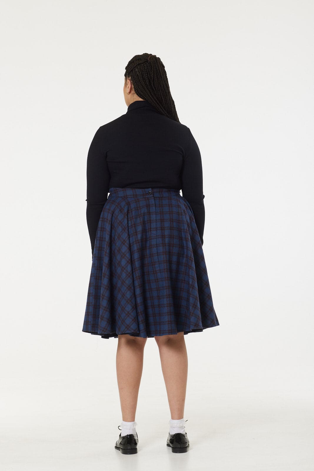 Sophie Navy and Brown Woollen Check Tartan Midi Swing Skirt