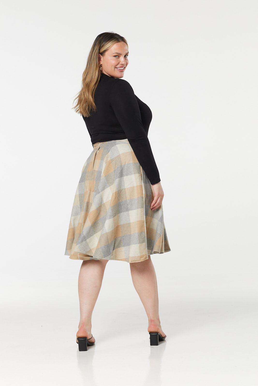 Sophie Beige Woollen Check Tartan Midi Swing Skirt