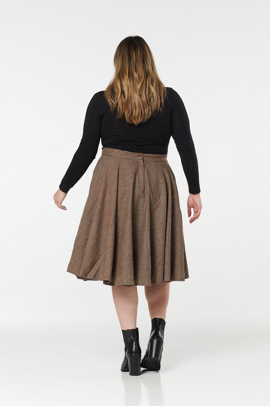 Sophie Brown Woollen Check Tartan Midi Swing Skirt