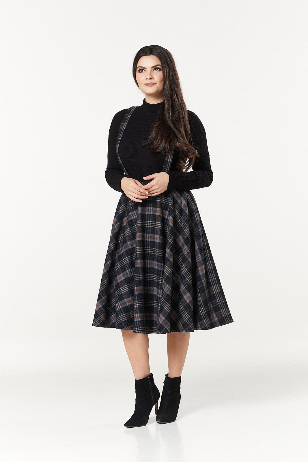 Sophie Black and Rust Woollen Braces Tartan Midi Swing Skirt