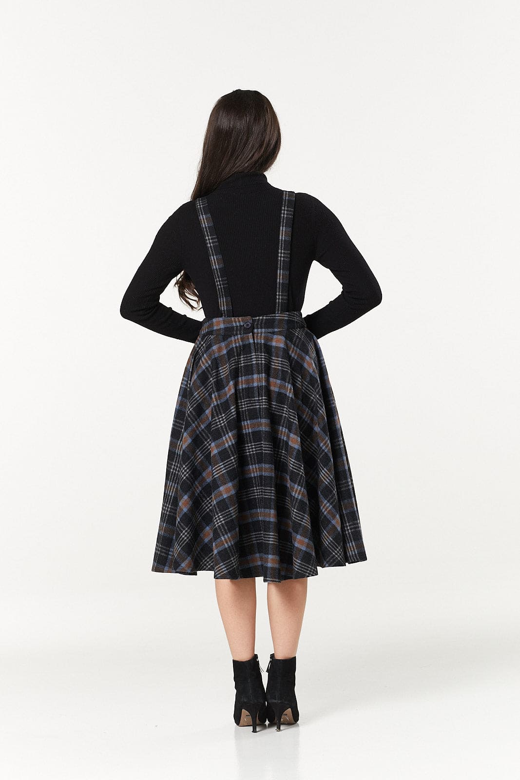 Sophie Black and Rust Woollen Braces Tartan Midi Swing Skirt