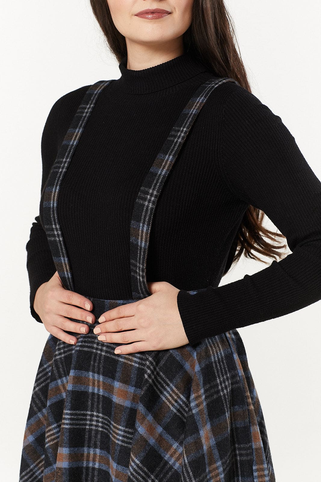 Sophie Black and Rust Woollen Braces Tartan Midi Swing Skirt