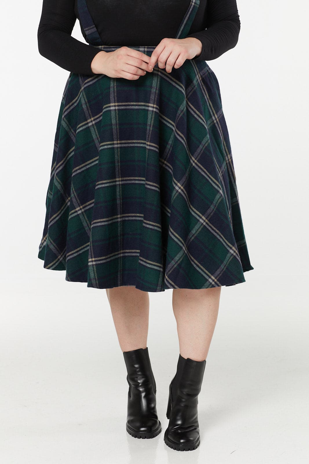 Sophie Navy and Green Woollen Check Tartan Midi Swing Skirt