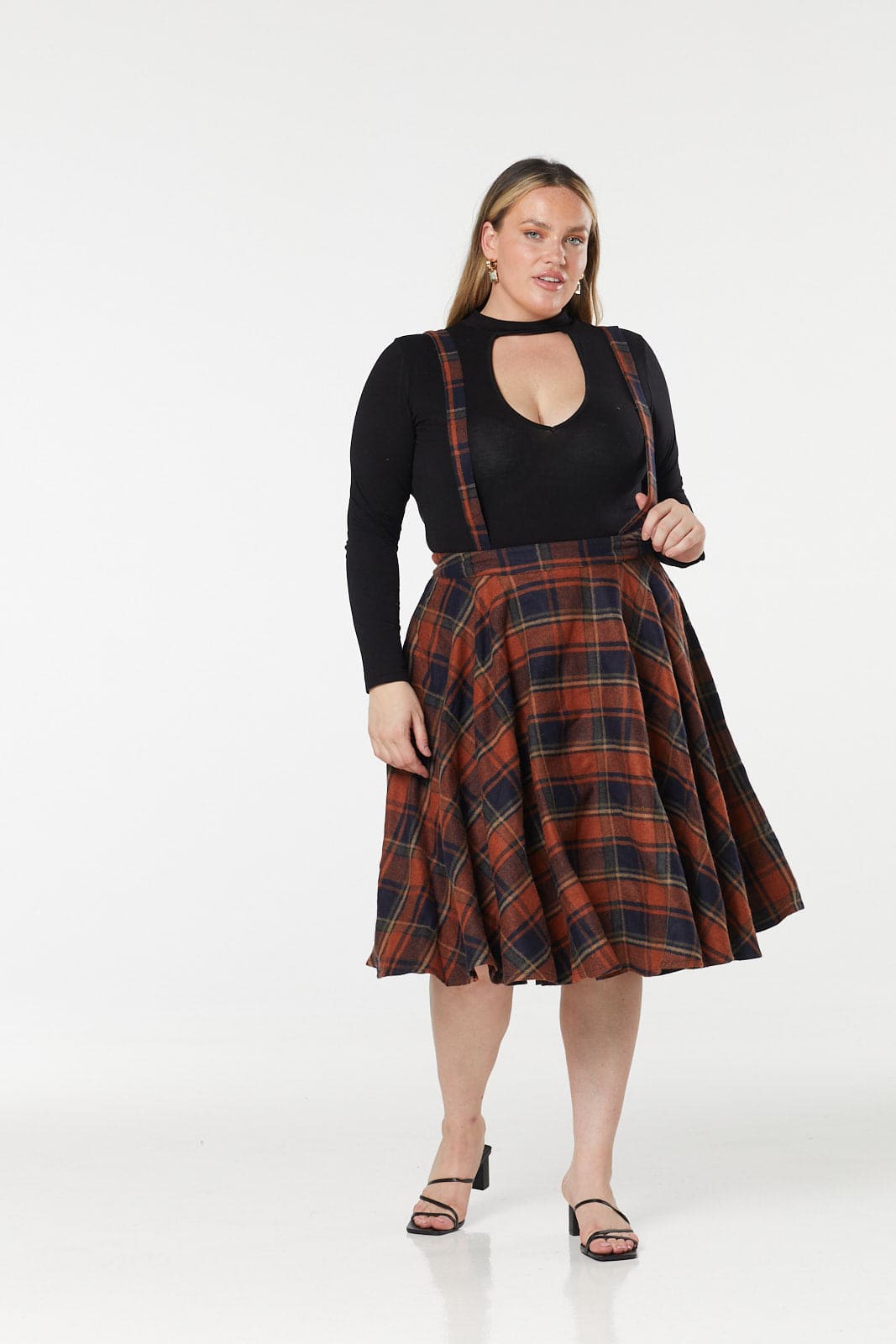 Sophie Woollen Swing Skirt Navy and Rust Check with braces