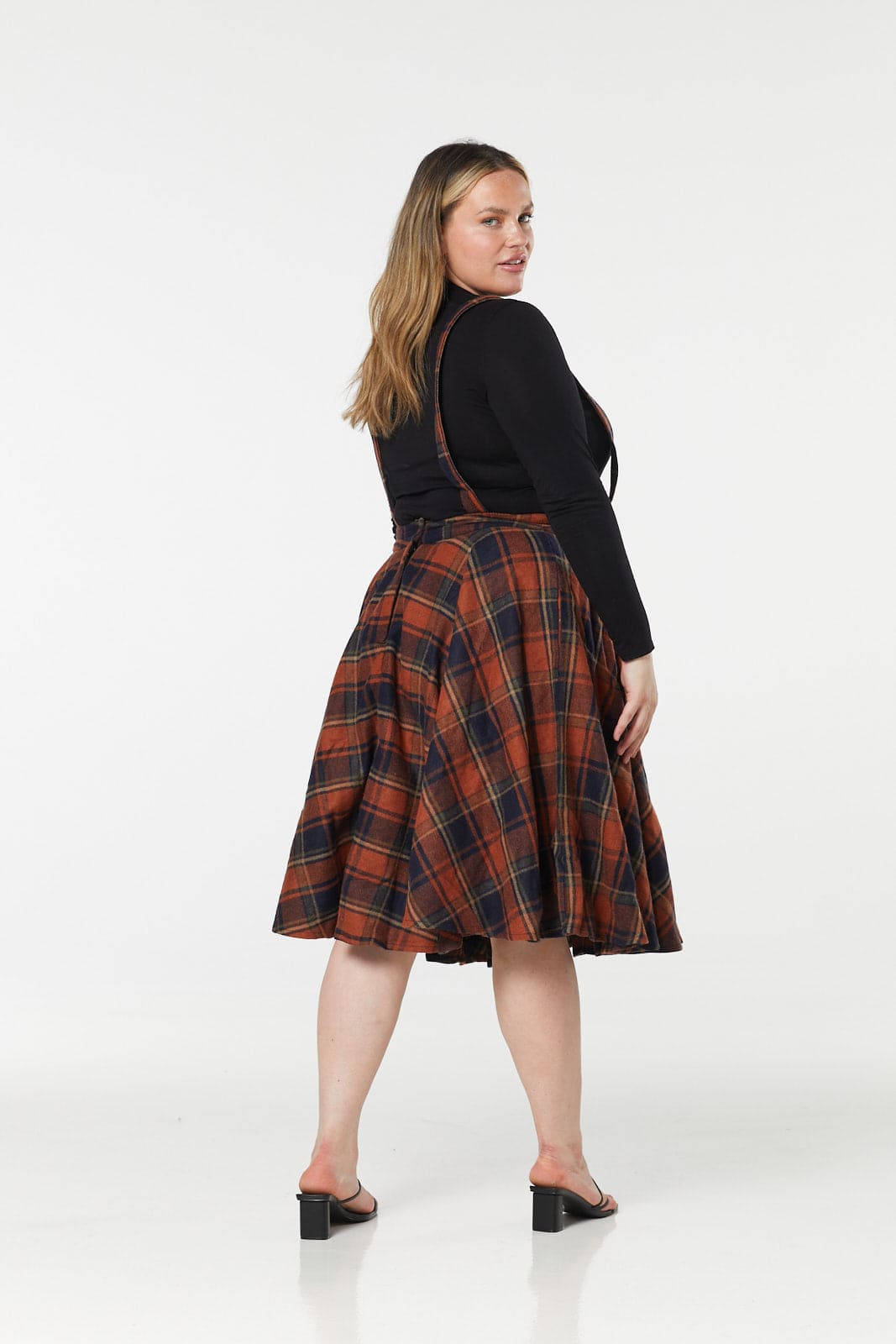 Sophie Woollen Swing Skirt Navy and Rust Check with braces