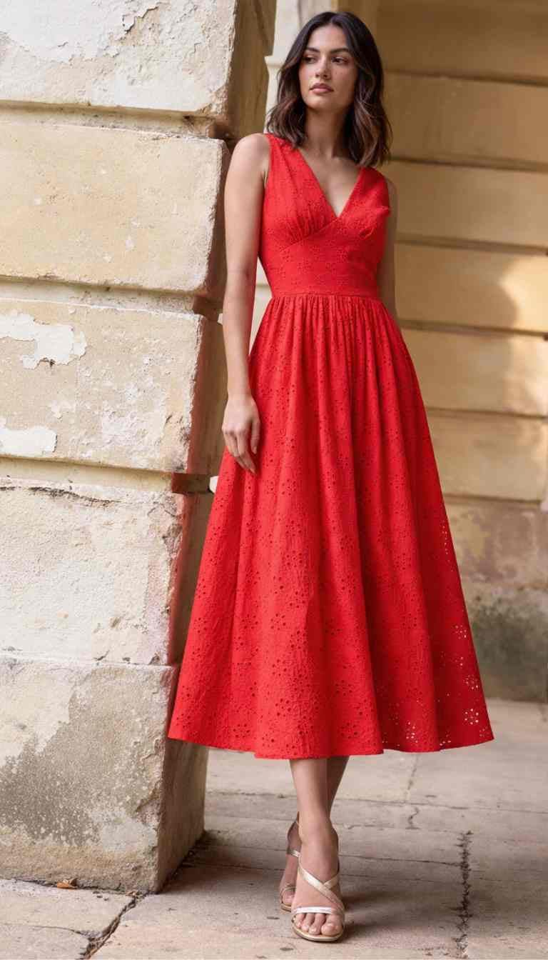 Lysandra Midi Broderie Anglaise Red Dress – Timeless London