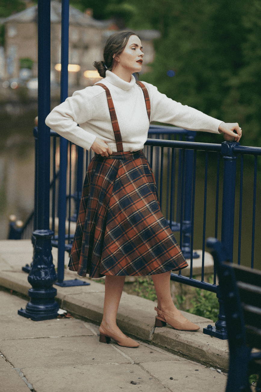 Sophie Woollen Swing Skirt Navy and Rust Check with braces