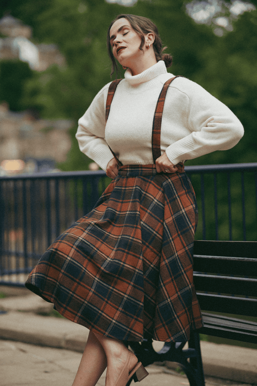 Sophie Woollen Swing Skirt Navy and Rust Check with braces