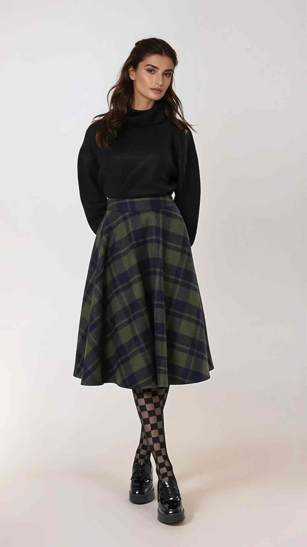 Sophie Sage Green Woollen Check Tartan Midi Swing Skirt
