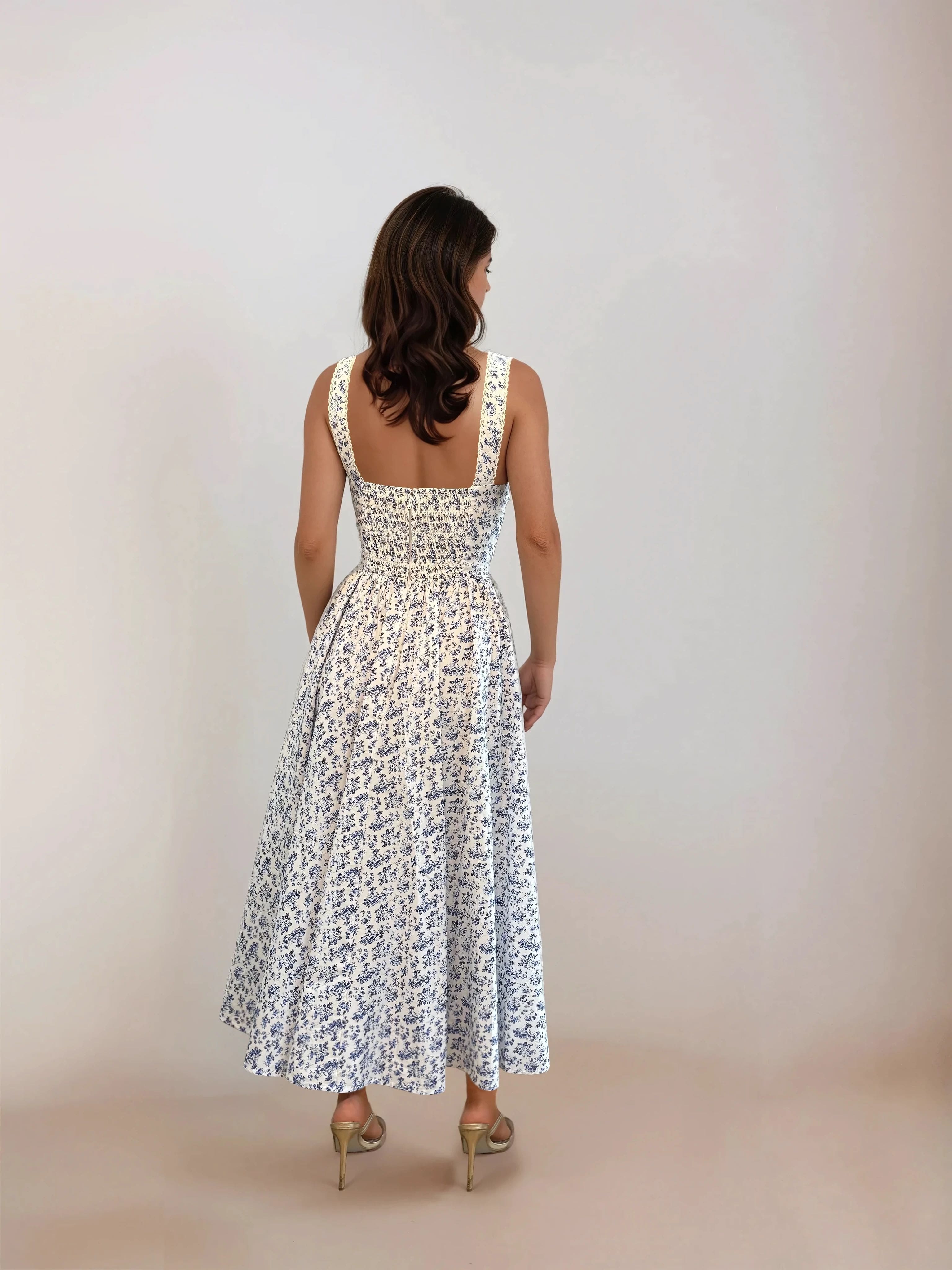 Bryson Midi Blue Print Dress with Button Sweetheart Neckline