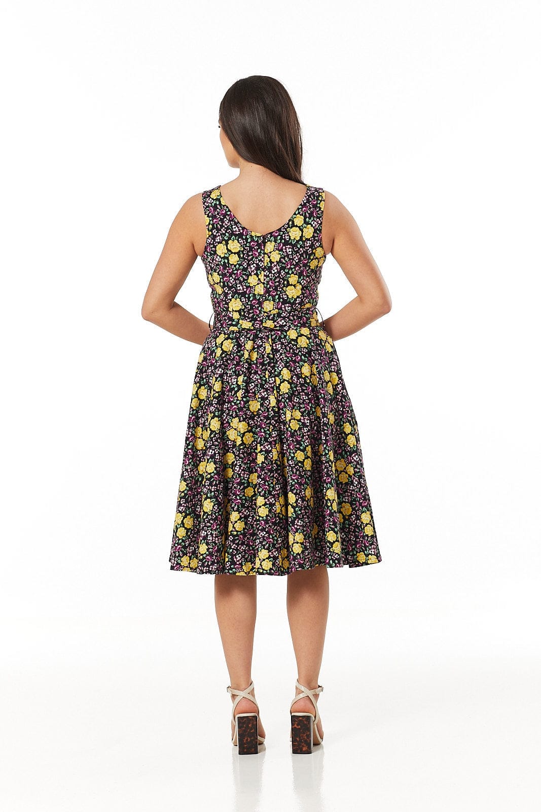 Ria Purple &amp; Yellow Floral Belted Swing Dress - Timeless London