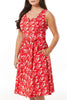 Rina Red & White Heron Print Belted Swing Dress - Timeless London