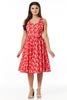 Rina Red & White Heron Print Belted Swing Dress - Timeless London