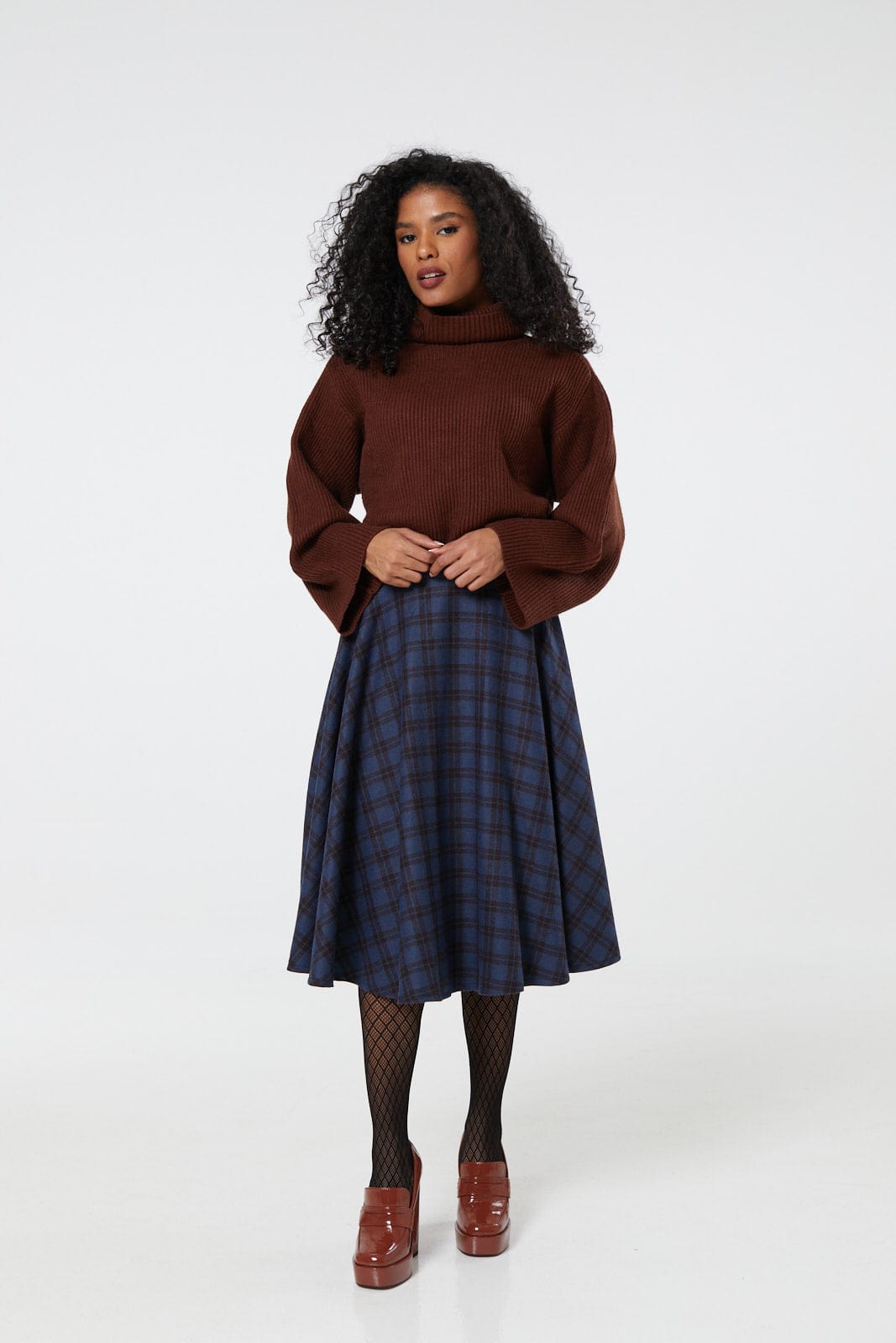 Sophie Navy and Brown Woollen Check Tartan Midi Swing Skirt