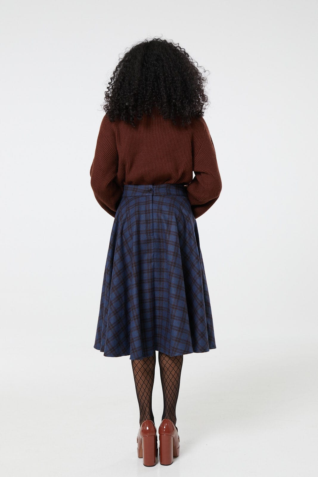 Sophie Navy and Brown Woollen Check Tartan Midi Swing Skirt