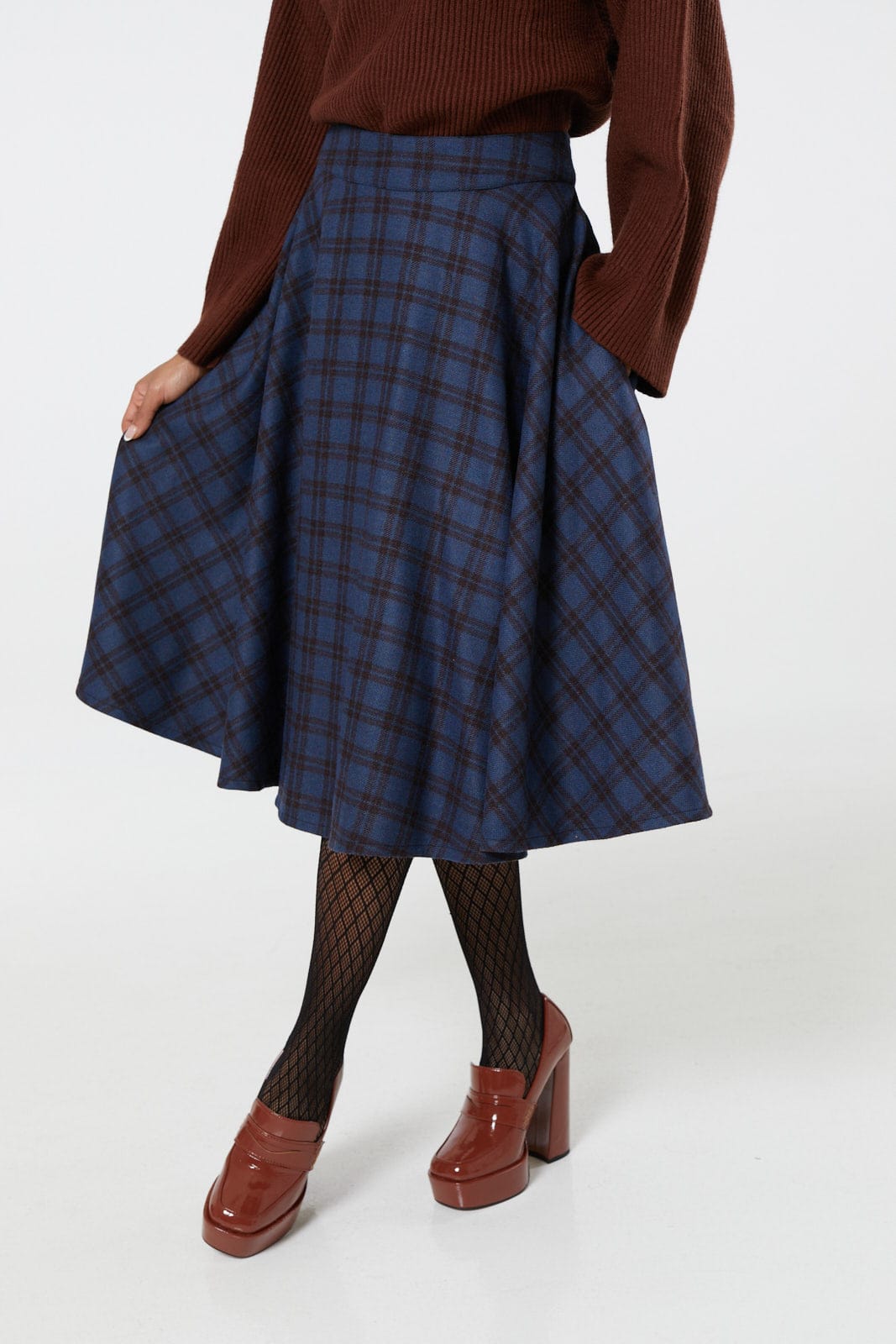 Sophie Navy and Brown Woollen Check Tartan Midi Swing Skirt