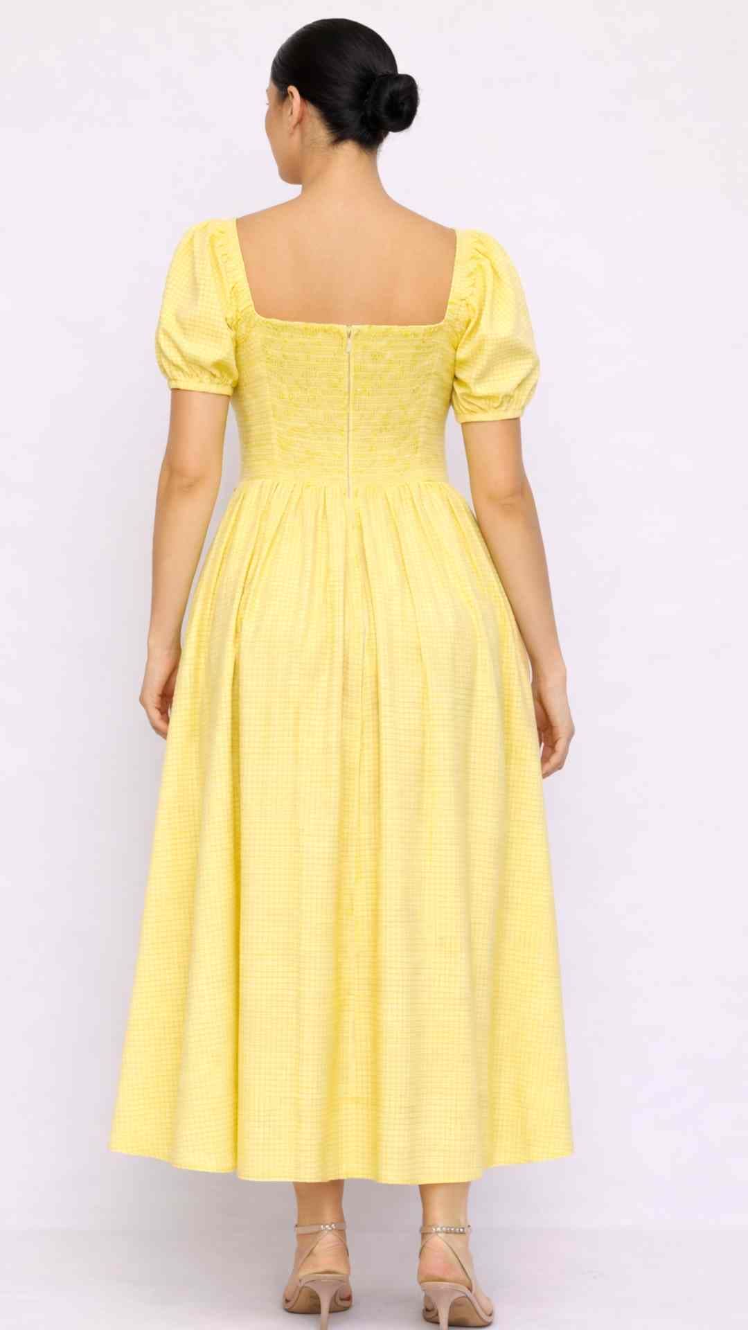 PRE-ORDER Ines Yellow Gingham Puff Sleeves Midi Dres