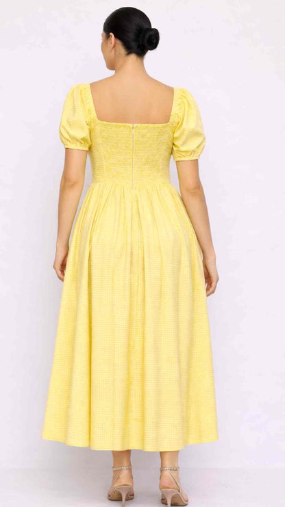 PRE-ORDER Ines Yellow Gingham Puff Sleeves Midi Dres