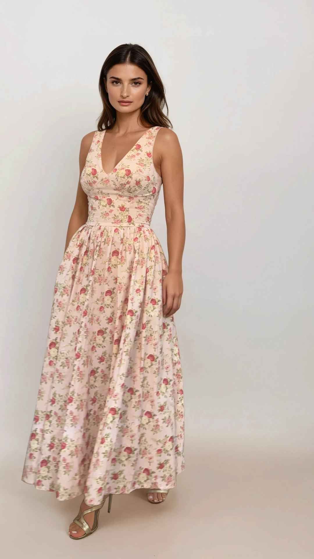 Lysandra vintage floral pink and red V Neck Midi Dress