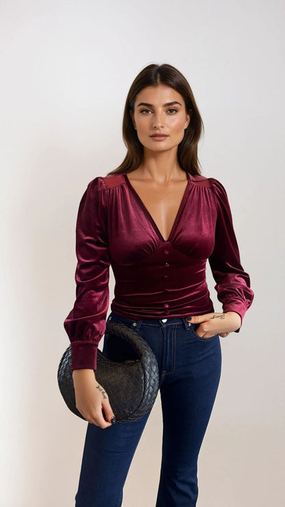 Malika Burgandy V Neck Velvet Blouse