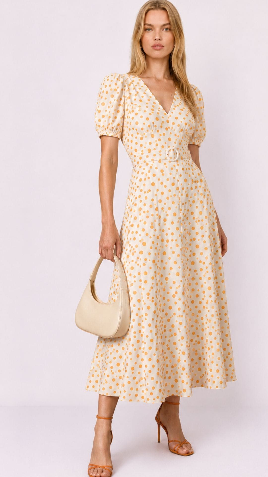 Catherine White Dress in Orange Polka Dot