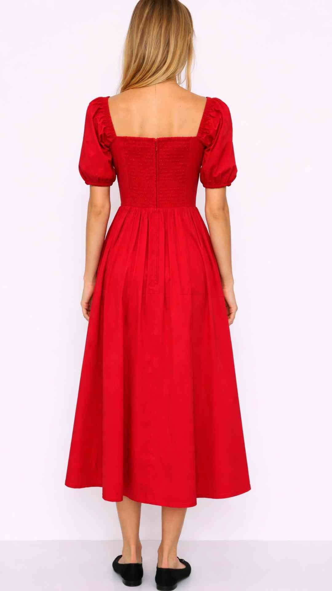 PRE-ORDER Ines Red Puff Sleeves Midi Dress